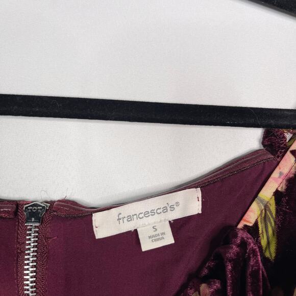 Francescas S Burgundy Red Floral Velvet Off The Shoulder Blouse Top Split Back - Picture 9 of 11